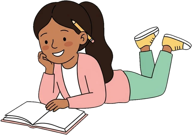 Girl reading a book on the floor, smiling